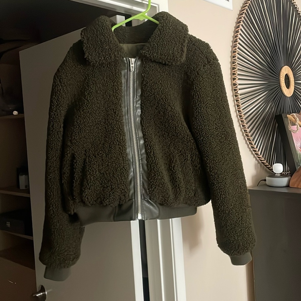 Blank NYC Dark Green Furry Zip Up Coat